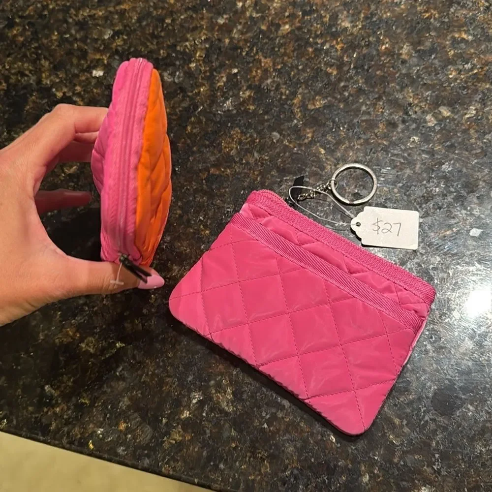 Pink & Orange Neoprene Quilted Card Case with Keyring and Sunglass Case NEW